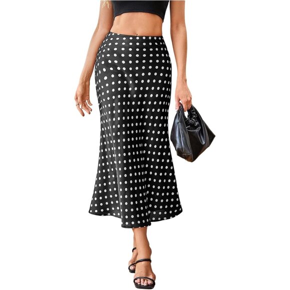 Women's Black 100% Polyester Polka Dots Silk Summer Flowy Pencil Midi Skirt